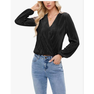 NEW Black Plisse Long Lantern Sleeve Loose Fit V Neck Blouse Top XS